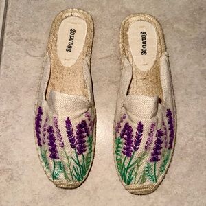 Soludos Espadrille Mules with Lavender Purple and Green Embroidery
